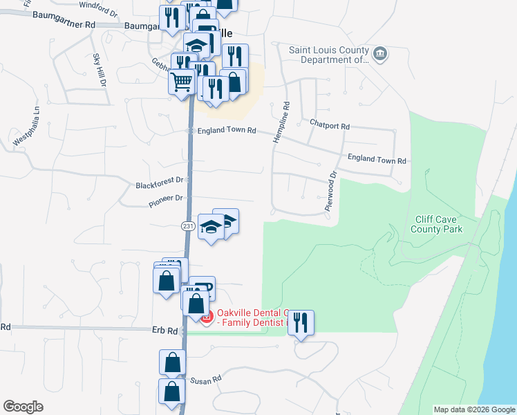 map of restaurants, bars, coffee shops, grocery stores, and more near 150 Pioneer Drive in St. Louis