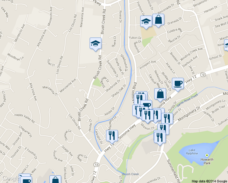 map of restaurants, bars, coffee shops, grocery stores, and more near 857 Shady Oak Drive in Santa Rosa