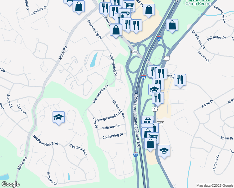 map of restaurants, bars, coffee shops, grocery stores, and more near 709 Stafford Glen Court in Stafford
