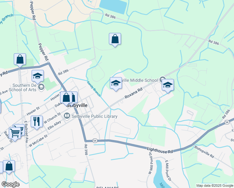 map of restaurants, bars, coffee shops, grocery stores, and more near 41 Bethany Road in Selbyville