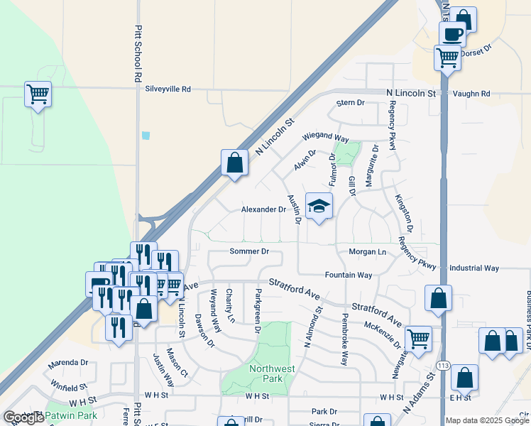 map of restaurants, bars, coffee shops, grocery stores, and more near 1560 Palmer Court in Dixon