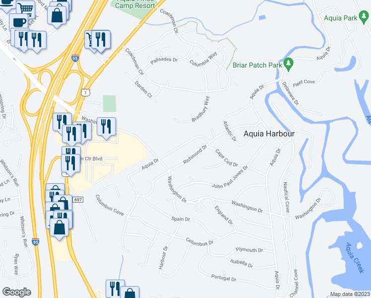 map of restaurants, bars, coffee shops, grocery stores, and more near 1115 Aquia Drive in Stafford