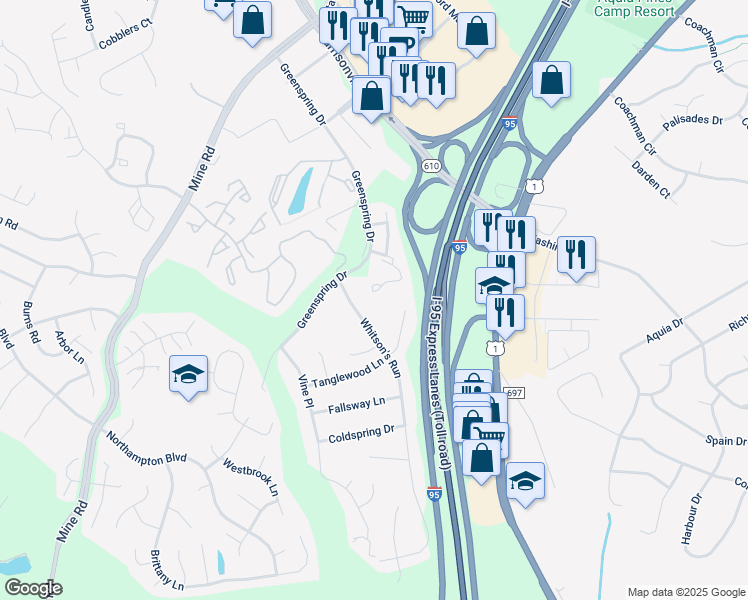 map of restaurants, bars, coffee shops, grocery stores, and more near 709 Stafford Glen Court in Stafford
