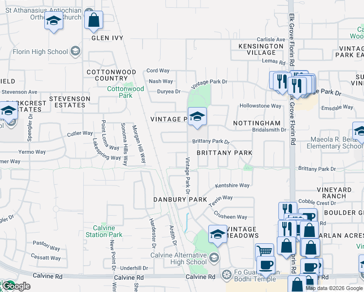 map of restaurants, bars, coffee shops, grocery stores, and more near 8609 Marmon Way in Sacramento