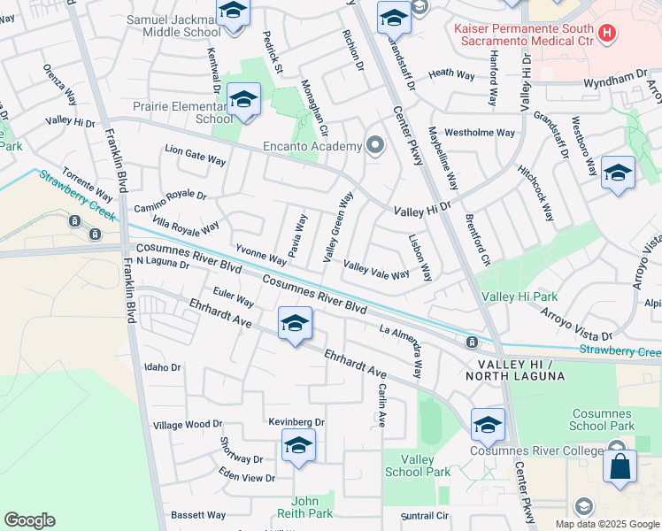 map of restaurants, bars, coffee shops, grocery stores, and more near 8164 Valley Green Way in Sacramento