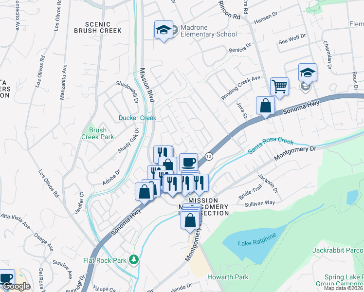 map of restaurants, bars, coffee shops, grocery stores, and more near 33 Cardinal Way in Santa Rosa