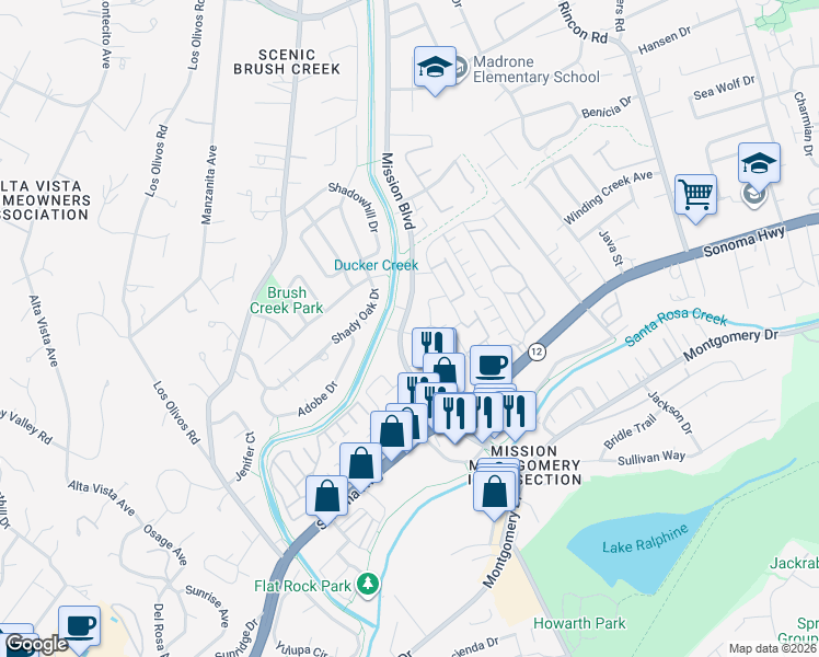 map of restaurants, bars, coffee shops, grocery stores, and more near 1100 Mission Boulevard in Santa Rosa