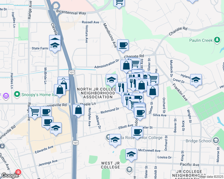 map of restaurants, bars, coffee shops, grocery stores, and more near 301 Steele Lane in Santa Rosa