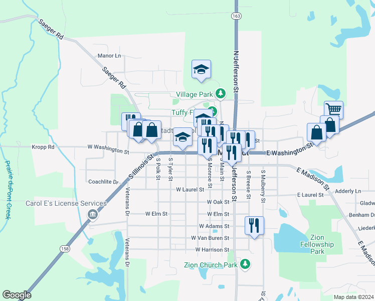 map of restaurants, bars, coffee shops, grocery stores, and more near 401 Illinois 158 in Millstadt