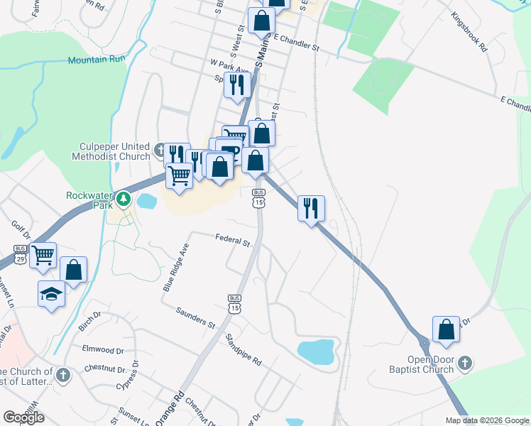 map of restaurants, bars, coffee shops, grocery stores, and more near 1417 Orange Road in Culpeper
