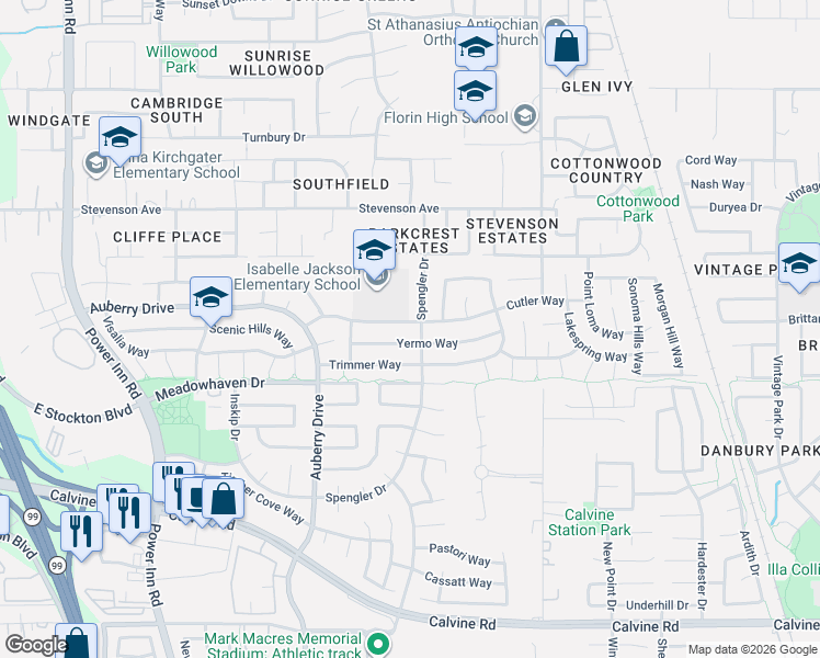 map of restaurants, bars, coffee shops, grocery stores, and more near 8393 Yermo Way in Sacramento