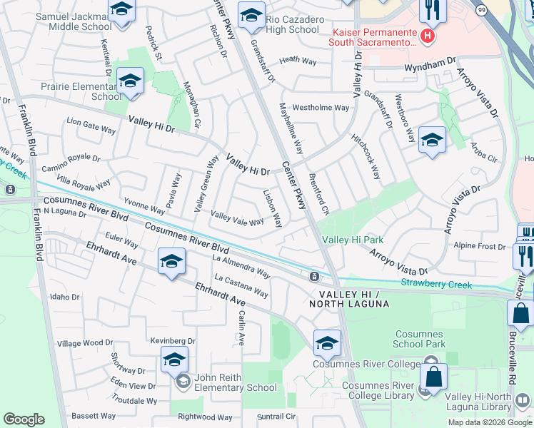 map of restaurants, bars, coffee shops, grocery stores, and more near 6001 Valley Vale Way in Sacramento