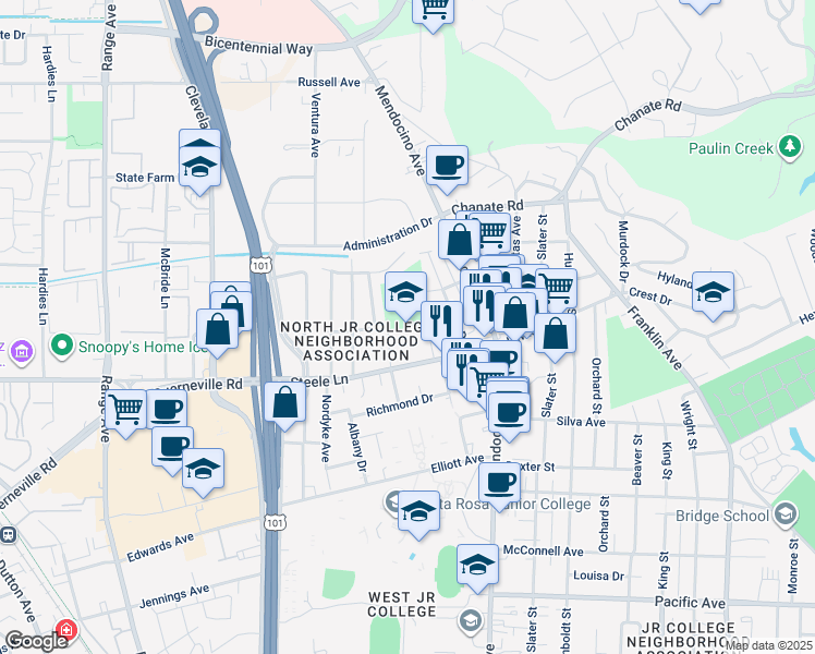 map of restaurants, bars, coffee shops, grocery stores, and more near 301 Steele Lane in Santa Rosa