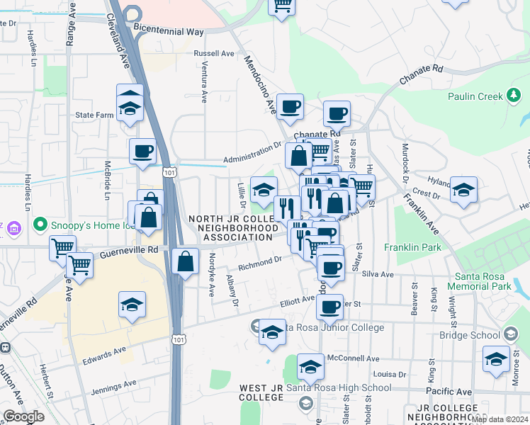 map of restaurants, bars, coffee shops, grocery stores, and more near 301 Steele Lane in Santa Rosa
