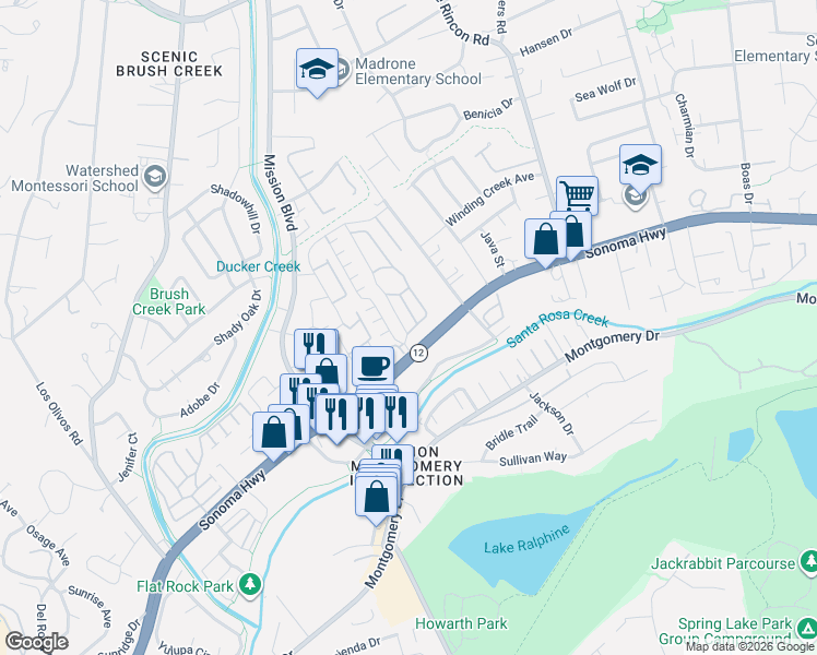 map of restaurants, bars, coffee shops, grocery stores, and more near 27 Redwing Drive in Santa Rosa
