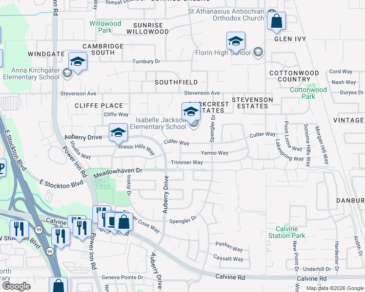 map of restaurants, bars, coffee shops, grocery stores, and more near 8332 Cutler Way in Sacramento