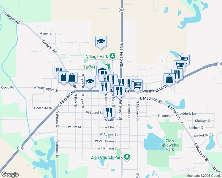 map of restaurants, bars, coffee shops, grocery stores, and more near 105 West Washington Street in Millstadt