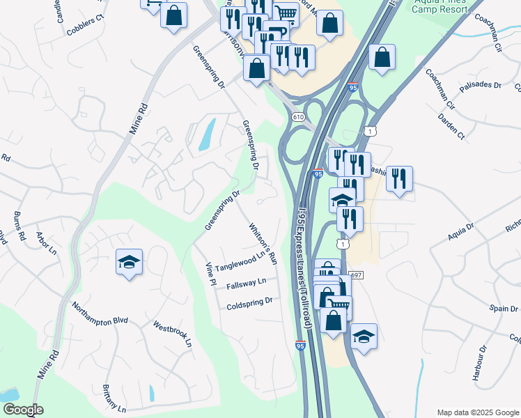 map of restaurants, bars, coffee shops, grocery stores, and more near 705 Stafford Glen Court in Stafford