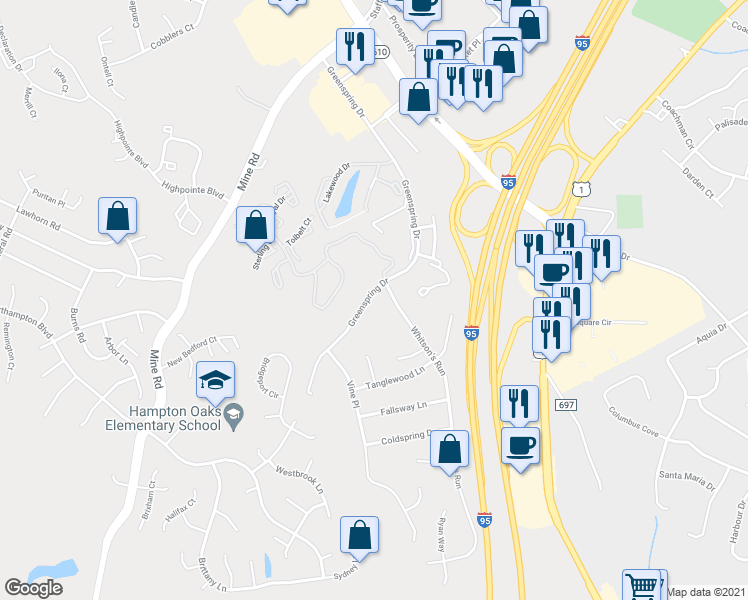 map of restaurants, bars, coffee shops, grocery stores, and more near 220 Greenspring Drive in Stafford