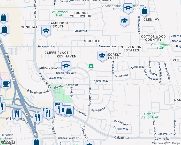 map of restaurants, bars, coffee shops, grocery stores, and more near 8304 Auberry Drive in Sacramento