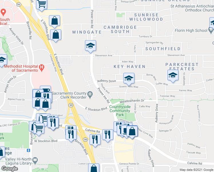 map of restaurants, bars, coffee shops, grocery stores, and more near 8128 Visalia Way in Sacramento