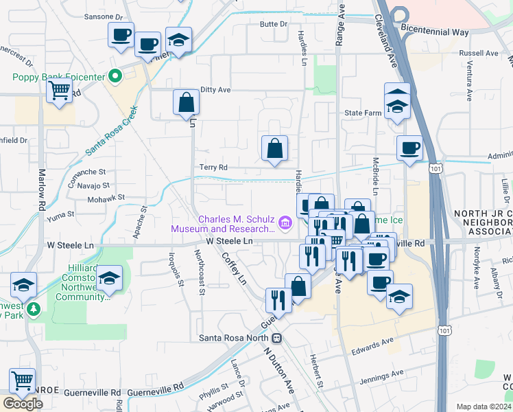 map of restaurants, bars, coffee shops, grocery stores, and more near 2342 Heidi Place in Santa Rosa