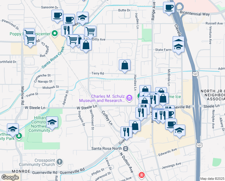 map of restaurants, bars, coffee shops, grocery stores, and more near 2051 West Steele Lane in Santa Rosa