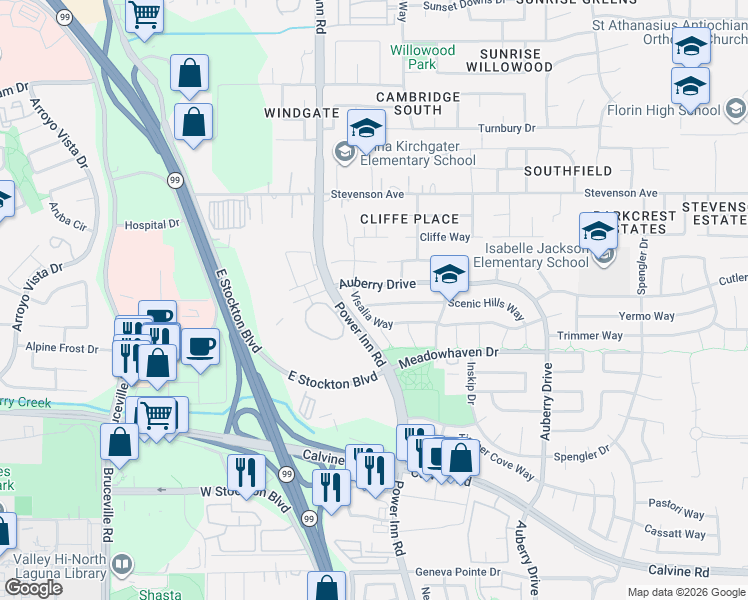 map of restaurants, bars, coffee shops, grocery stores, and more near 8128 Visalia Way in Sacramento