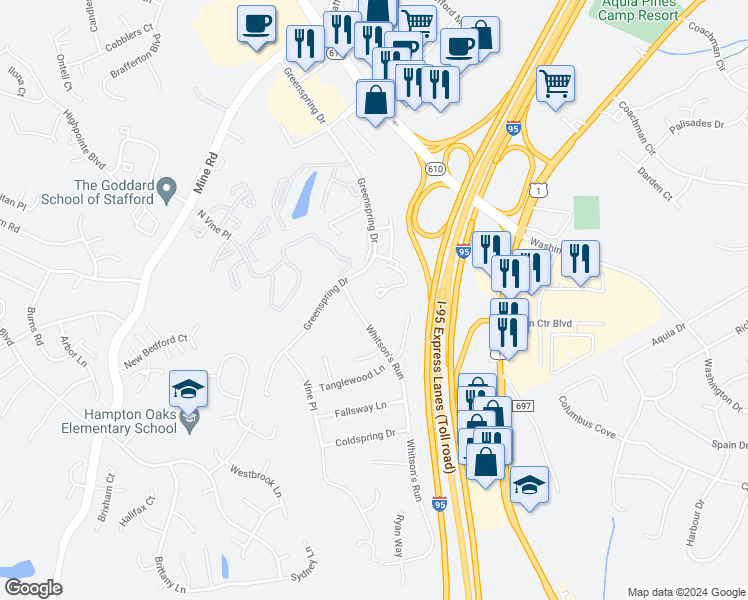 map of restaurants, bars, coffee shops, grocery stores, and more near 810 Stafford Glen Court in Stafford