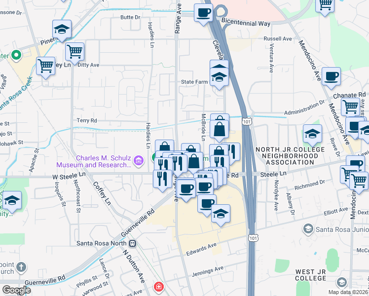 map of restaurants, bars, coffee shops, grocery stores, and more near 2307 McBride Lane in Santa Rosa
