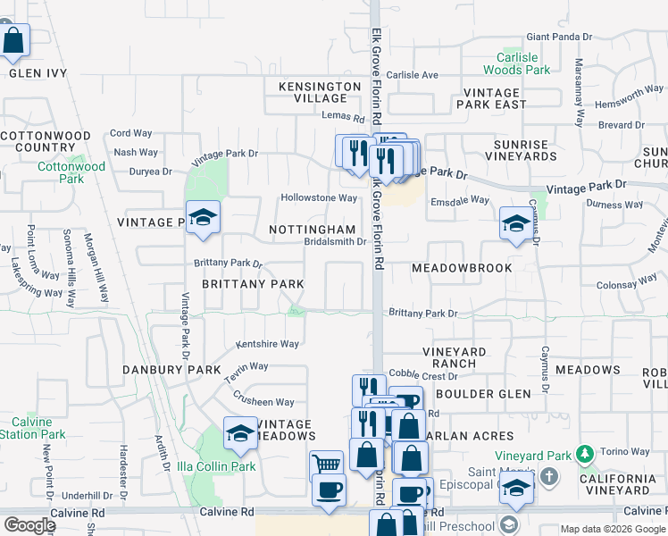 map of restaurants, bars, coffee shops, grocery stores, and more near 8122 Darien Circle in Sacramento