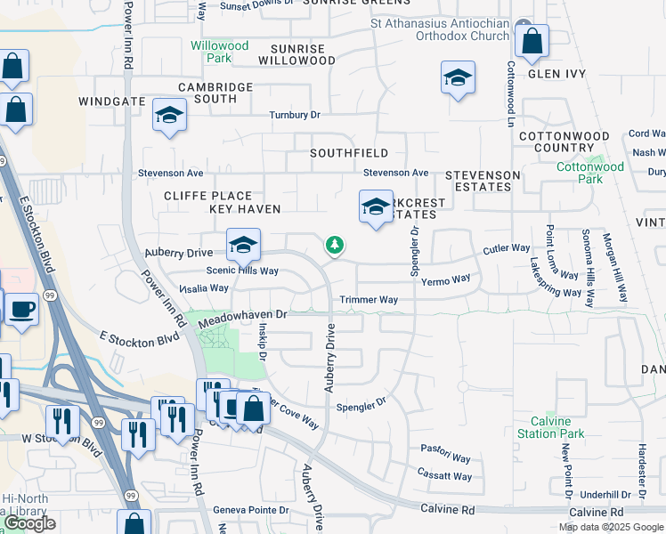 map of restaurants, bars, coffee shops, grocery stores, and more near 8304 Auberry Drive in Sacramento