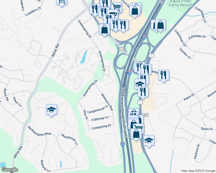 map of restaurants, bars, coffee shops, grocery stores, and more near 609 Stafford Glen Court in Stafford