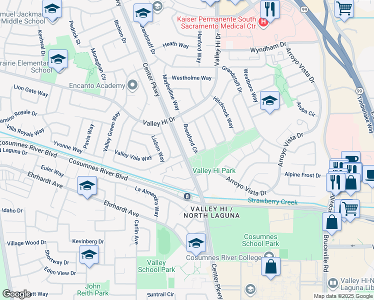 map of restaurants, bars, coffee shops, grocery stores, and more near 8151 Center Parkway in Sacramento