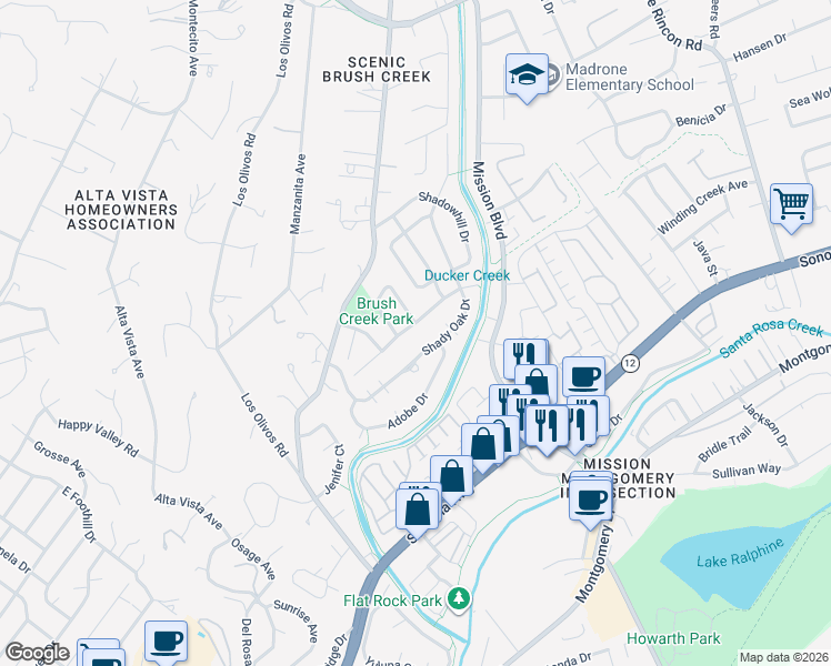 map of restaurants, bars, coffee shops, grocery stores, and more near 857 Shady Oak Drive in Santa Rosa