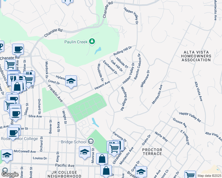 map of restaurants, bars, coffee shops, grocery stores, and more near 2105 Northwood Drive in Santa Rosa