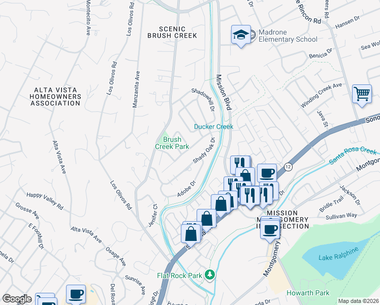 map of restaurants, bars, coffee shops, grocery stores, and more near 857 Shady Oak Drive in Santa Rosa