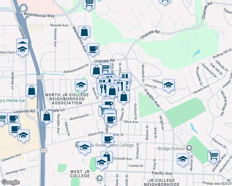 map of restaurants, bars, coffee shops, grocery stores, and more near 2230 Lomitas Avenue in Santa Rosa