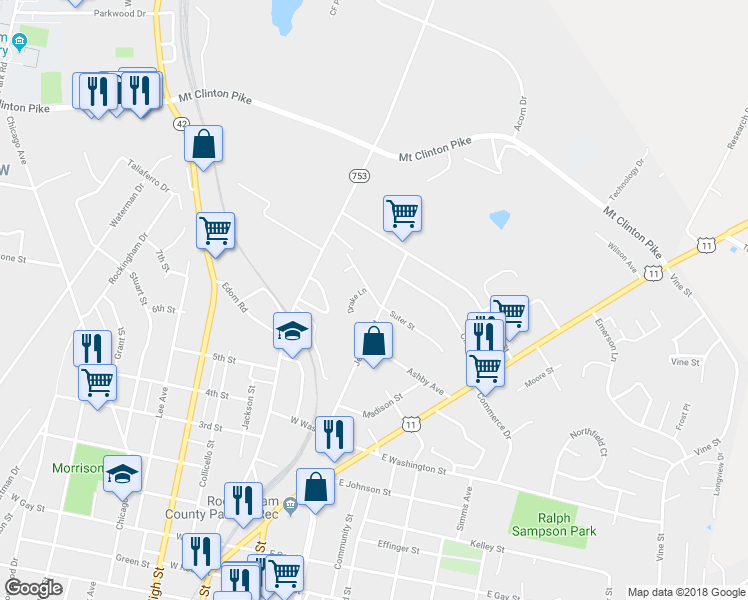 map of restaurants, bars, coffee shops, grocery stores, and more near 209 Suter Street in Harrisonburg