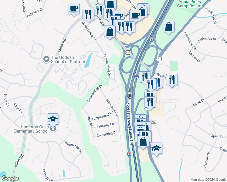 map of restaurants, bars, coffee shops, grocery stores, and more near 607 Stafford Glen Court in Stafford