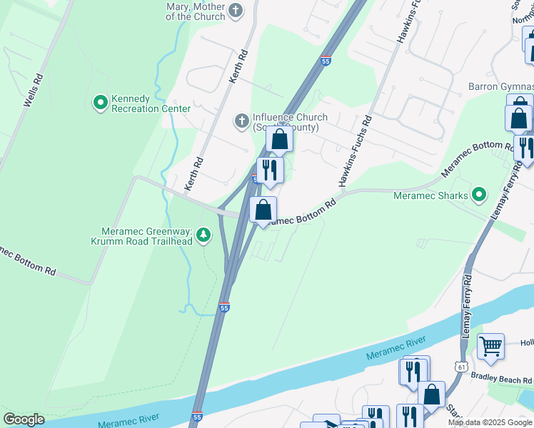 map of restaurants, bars, coffee shops, grocery stores, and more near 4453 Meramec Bottom Road in St. Louis