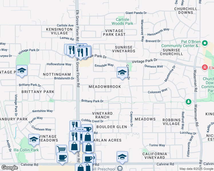 map of restaurants, bars, coffee shops, grocery stores, and more near 8045 Silverleaf Way in Sacramento