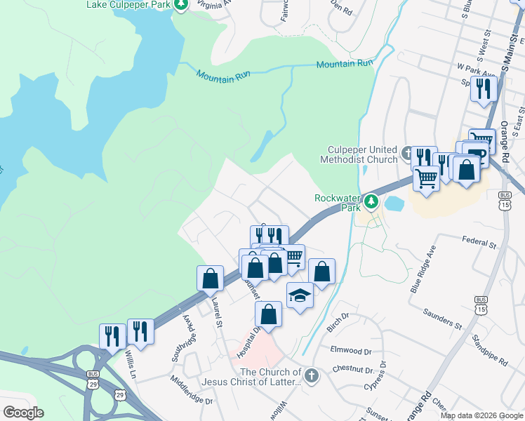 map of restaurants, bars, coffee shops, grocery stores, and more near 1009 Ridgemere Lane in Culpeper