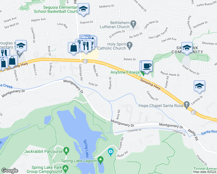 map of restaurants, bars, coffee shops, grocery stores, and more near 5401 Sharon Street in Santa Rosa