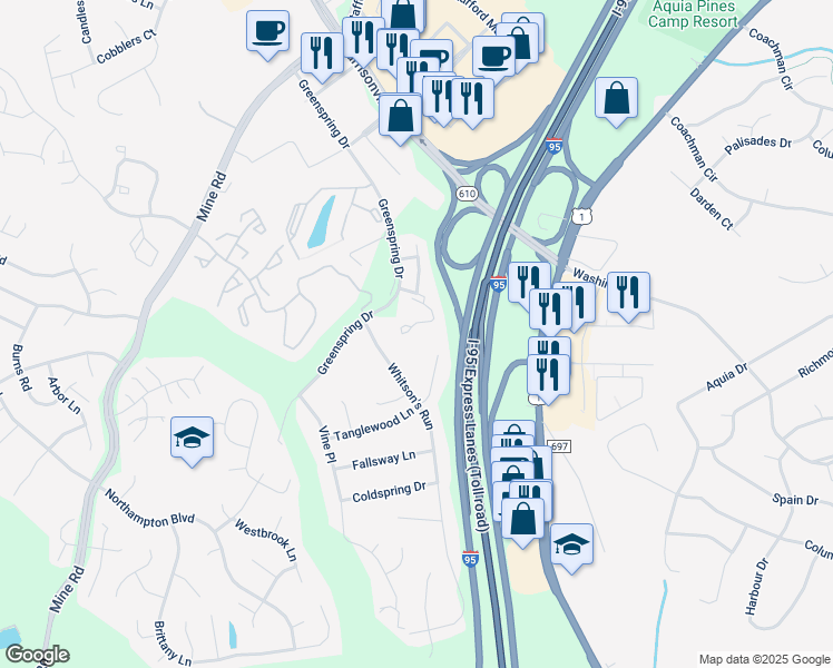 map of restaurants, bars, coffee shops, grocery stores, and more near 605 Stafford Glen Court in Stafford