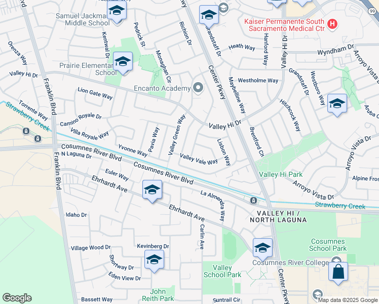 map of restaurants, bars, coffee shops, grocery stores, and more near 5740 Valley Vale Way in Sacramento