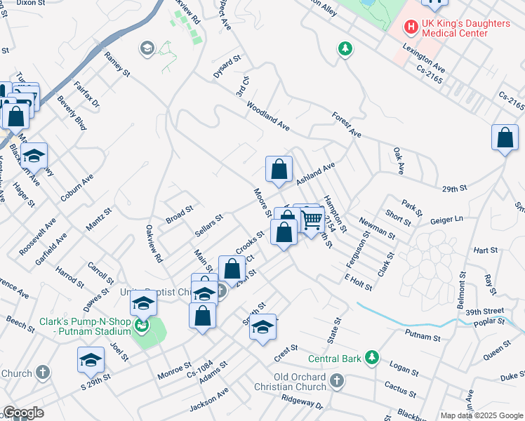 map of restaurants, bars, coffee shops, grocery stores, and more near 2608 Moore Street in Ashland