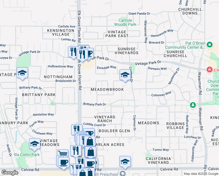 map of restaurants, bars, coffee shops, grocery stores, and more near 8045 Silverleaf Way in Sacramento