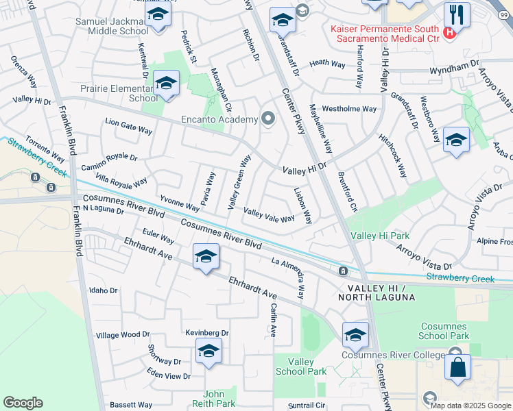 map of restaurants, bars, coffee shops, grocery stores, and more near 5740 Valley Vale Way in Sacramento