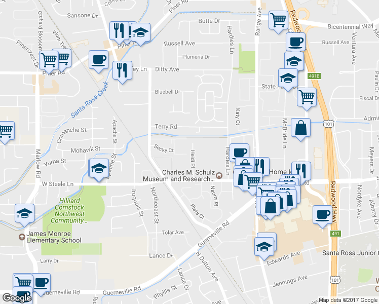 map of restaurants, bars, coffee shops, grocery stores, and more near 2051 West Steele Lane in Santa Rosa